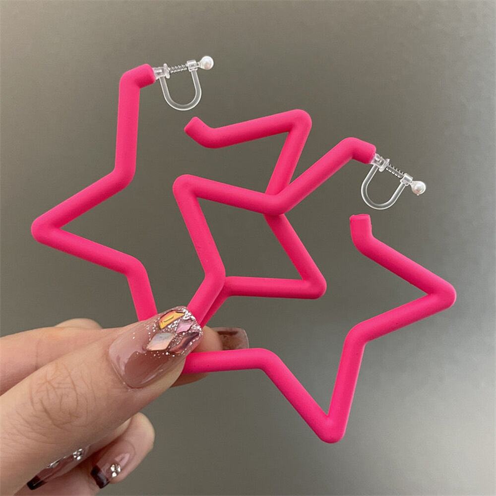 Clip on 2 3/4" large plastic clasp pink star earrings